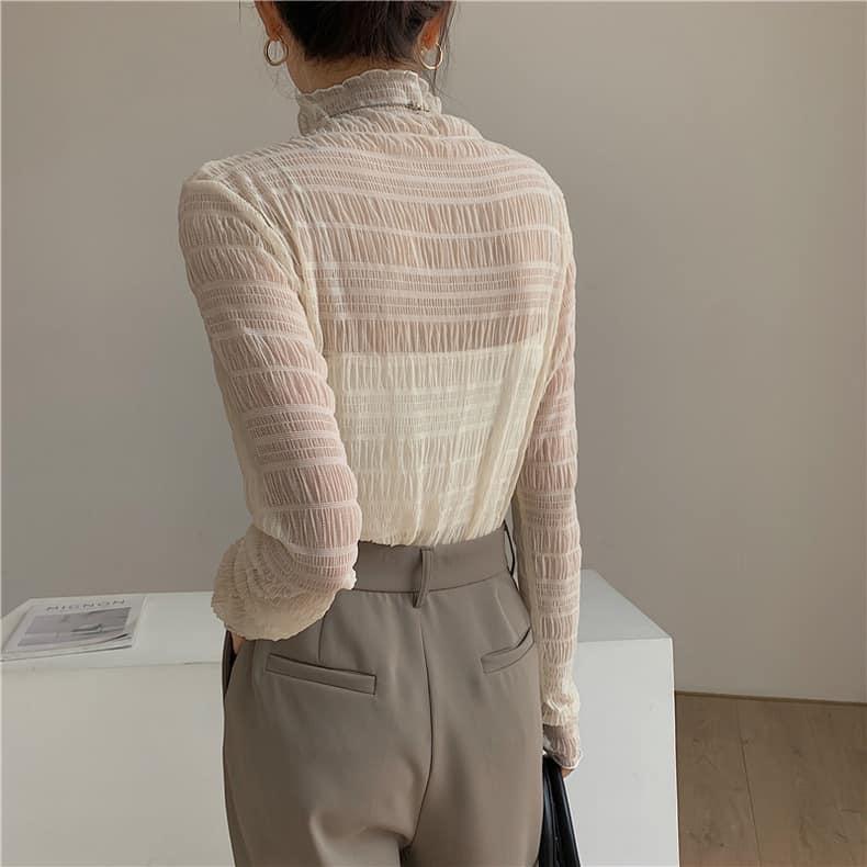 ❤️現貨❤️ 𝙈𝙖 𝙘𝙝𝙚𝙧𝙚  秋冬季新品 現貨實拍 皺褶網紗打底衣 內搭半高領 (預購)-細節圖2