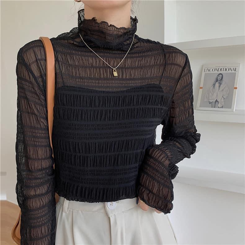 ❤️現貨❤️ 𝙈𝙖 𝙘𝙝𝙚𝙧𝙚  秋冬季新品 現貨實拍 皺褶網紗打底衣 內搭半高領 (預購)-細節圖3