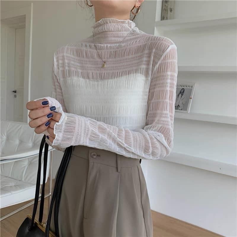 ❤️現貨❤️ 𝙈𝙖 𝙘𝙝𝙚𝙧𝙚  秋冬季新品 現貨實拍 皺褶網紗打底衣 內搭半高領 (預購)-細節圖4