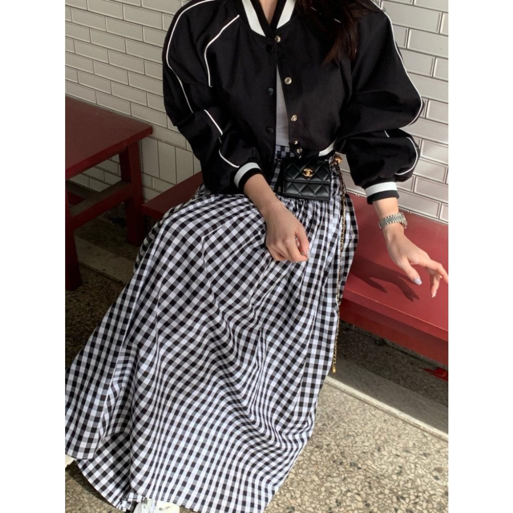 黑色現貨 ⭐𝙈𝙖 𝙘𝙝𝙚𝙧𝙚⭐️ 現貨實拍 高腰收腹感下傘狀長裙 素面長裙 格子長裙 (預+現)-細節圖2