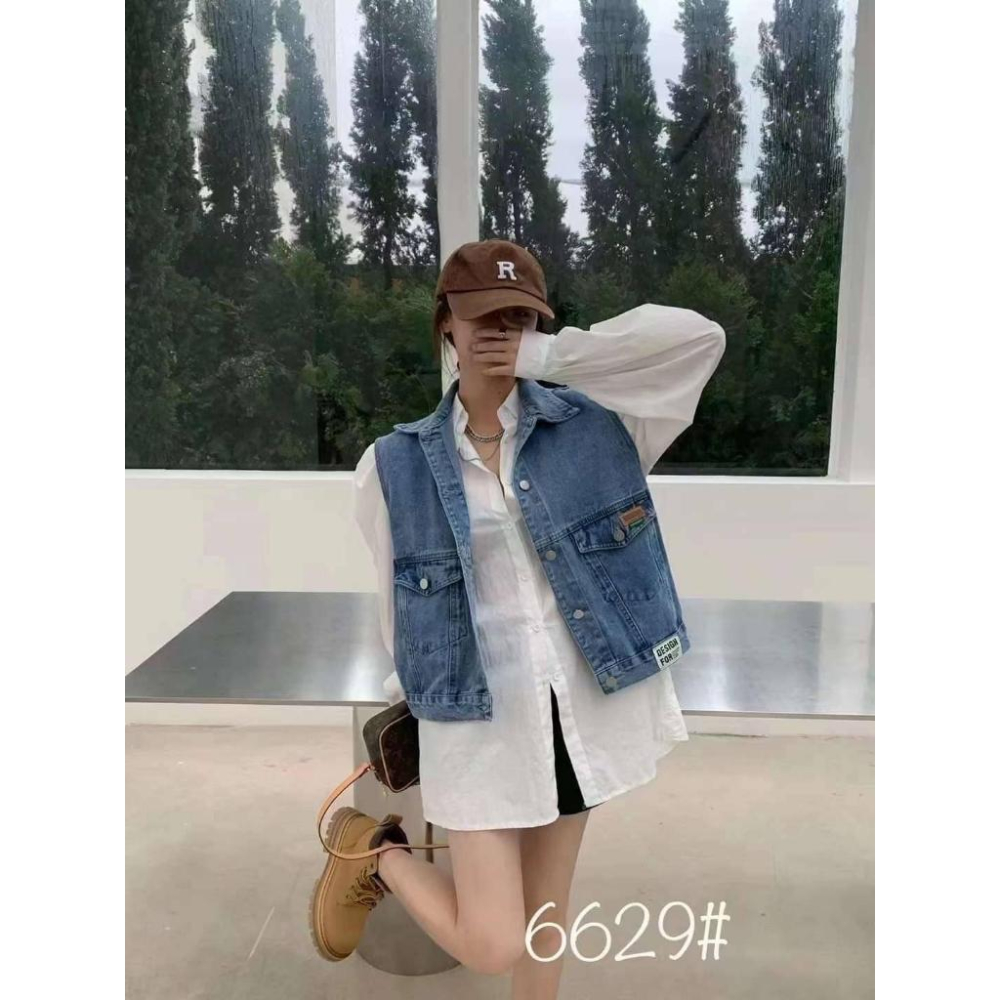 藍色現貨！！⭐𝙈𝙖 𝙘𝙝𝙚𝙧𝙚⭐️ 現貨實拍 下側邊車標牛仔背心-細節圖3