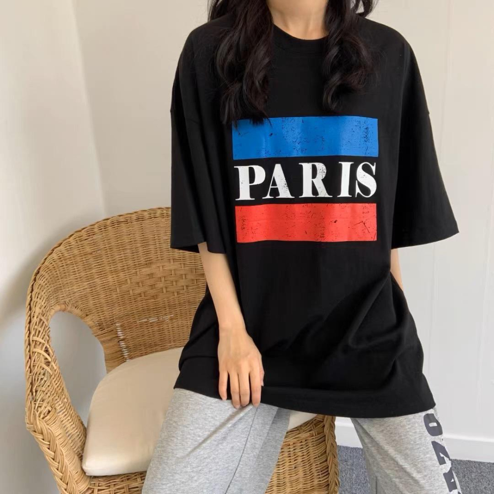 🔥現貨🔥𝙈𝙖 𝙘𝙝𝙚𝙧𝙚現貨實拍 破損印花PARIS英字T 字母中長版T (預購)-細節圖5