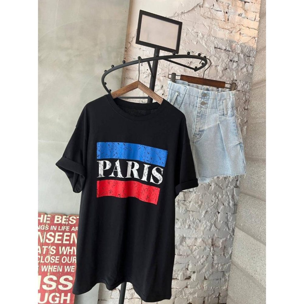 🔥現貨🔥𝙈𝙖 𝙘𝙝𝙚𝙧𝙚現貨實拍 破損印花PARIS英字T 字母中長版T (預購)-細節圖8