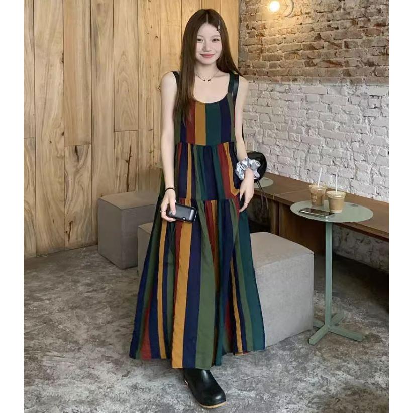 ⭐𝙈𝙖 𝙘𝙝𝙚𝙧𝙚⭐️ 現貨實拍 復古文青彩色條紋背心連身長洋 (預購)-細節圖3