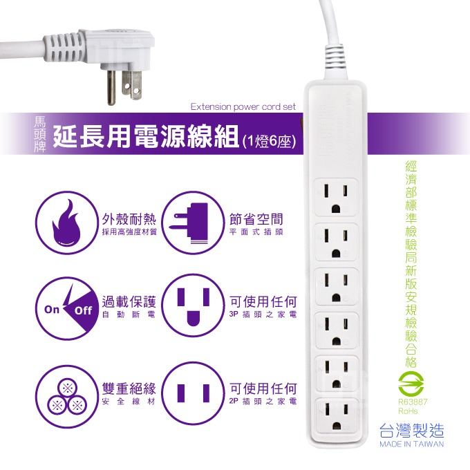 馬頭牌 電源線 延長線插座 插頭 延長線 插座 電腦電源線 插座開關 3P插座 台灣製 過載斷電 新安規 發票-細節圖2