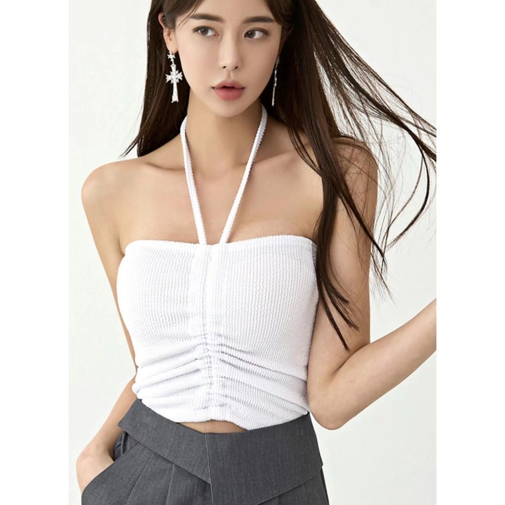 🍊現貨黑色＋預購 MUAGO🇰🇷正韓 東大門代購 繞頸平口抽繩抓皺兩穿式背心-細節圖2