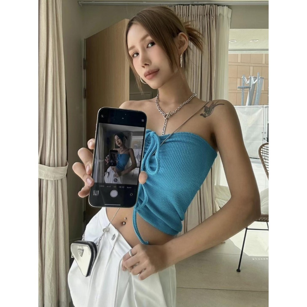 🍊現貨黑色＋預購 MUAGO🇰🇷正韓 東大門代購 繞頸平口抽繩抓皺兩穿式背心-細節圖3