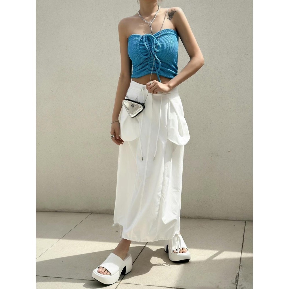 🍊現貨黑色＋預購 MUAGO🇰🇷正韓 東大門代購 繞頸平口抽繩抓皺兩穿式背心-細節圖6