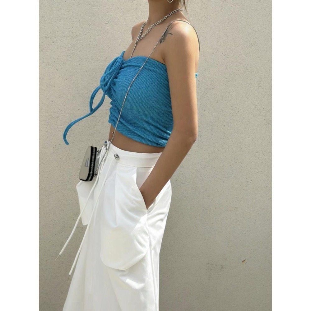 🍊現貨黑色＋預購 MUAGO🇰🇷正韓 東大門代購 繞頸平口抽繩抓皺兩穿式背心-細節圖8