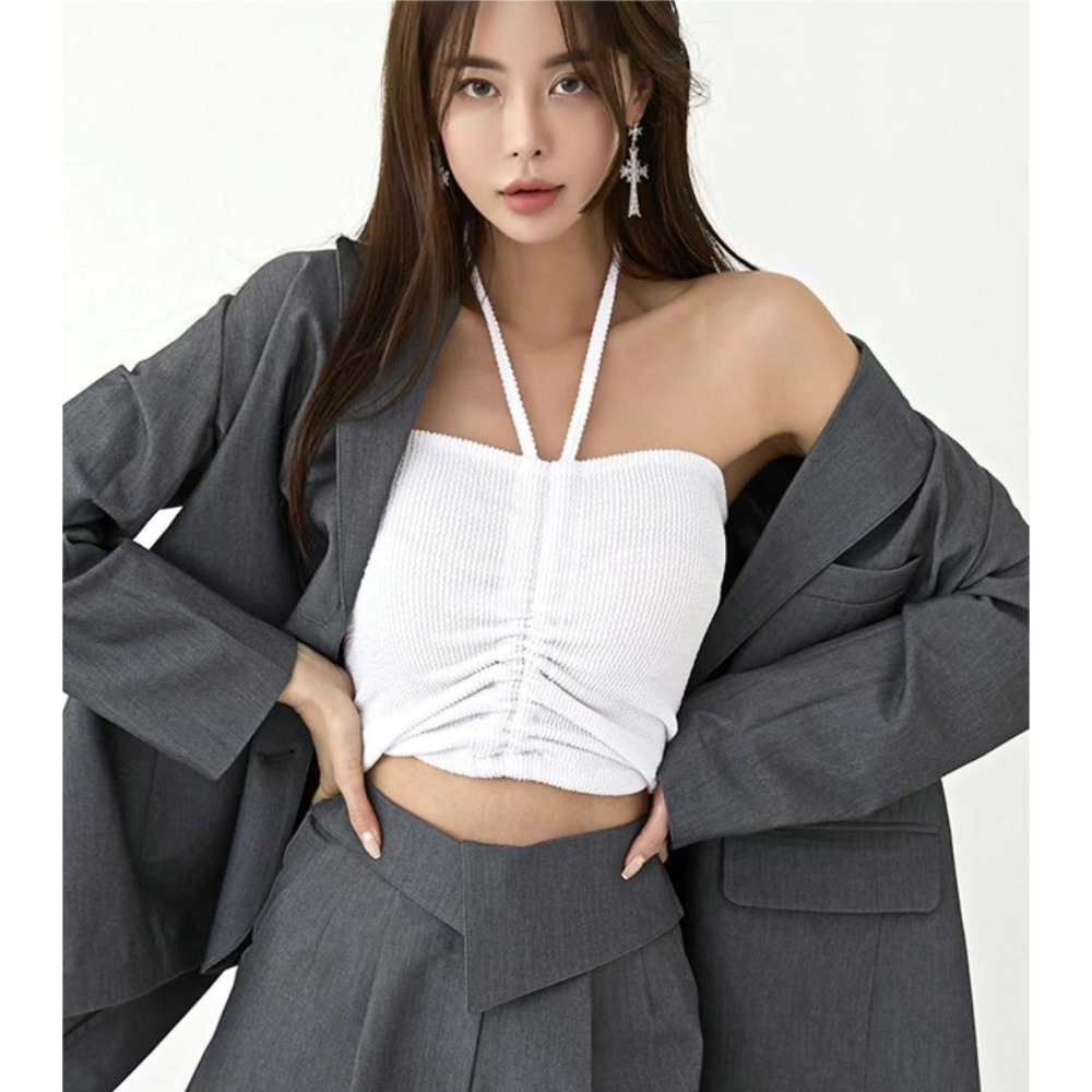 🍊現貨黑色＋預購 MUAGO🇰🇷正韓 東大門代購 繞頸平口抽繩抓皺兩穿式背心-細節圖9