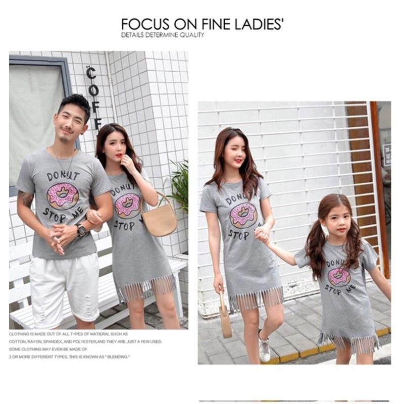 [現貨]甜甜圈短袖T恤親子裝 母女流蘇連身裙-細節圖3