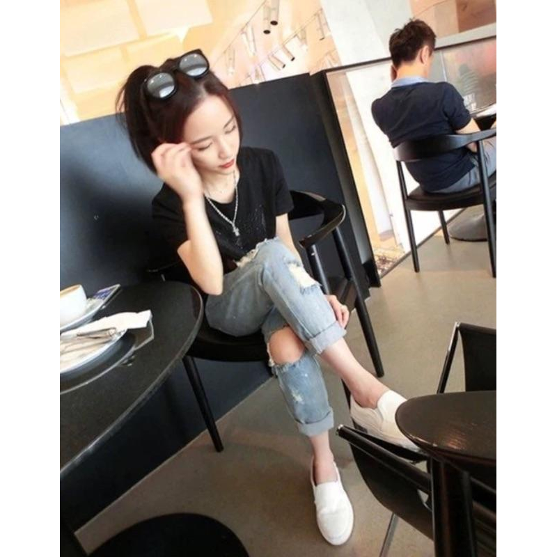 [現貨]韓版BF風膝蓋破洞寬鬆牛仔褲-細節圖4