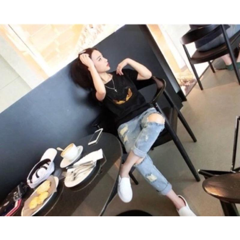 [現貨]韓版BF風膝蓋破洞寬鬆牛仔褲-細節圖5