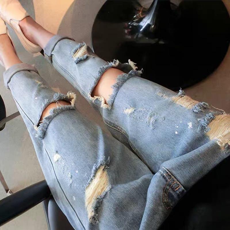 [現貨]韓版BF風膝蓋破洞寬鬆牛仔褲-細節圖8