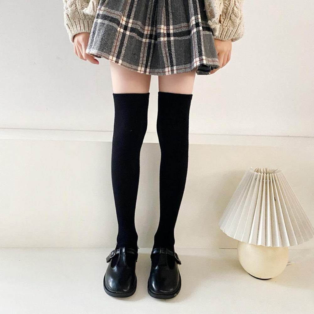 [現貨]兒童百搭條紋大腿襪  膝上襪 黑色長襪 學院風拍照素色長襪 白色襪子 黑色襪子-細節圖3