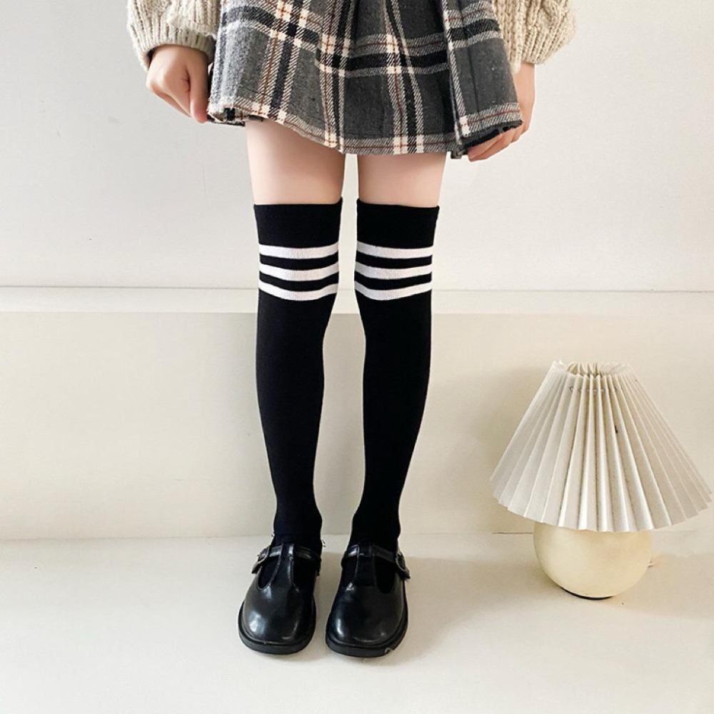 [現貨]兒童百搭條紋大腿襪  膝上襪 黑色長襪 學院風拍照素色長襪 白色襪子 黑色襪子-細節圖5