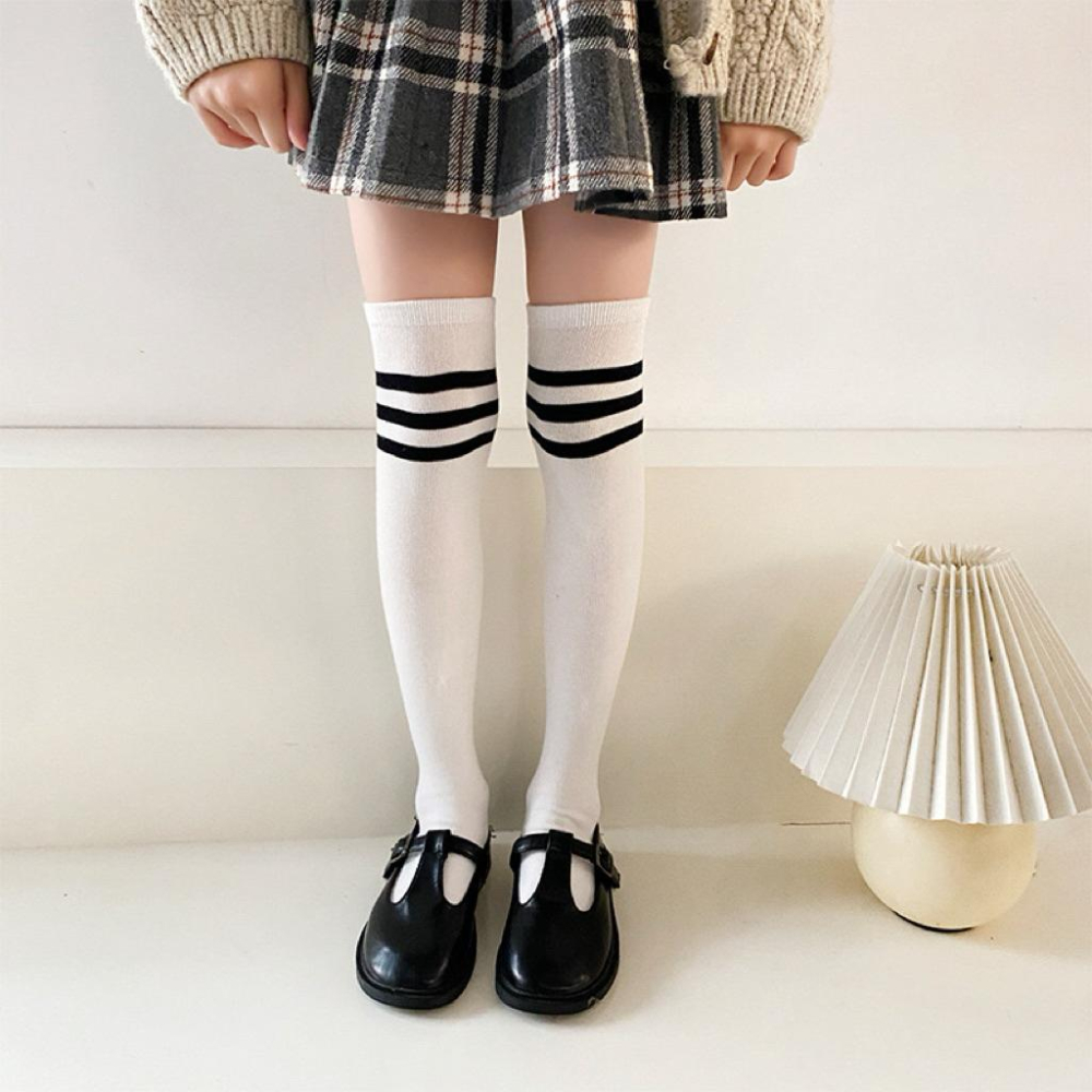 [現貨]兒童百搭條紋大腿襪  膝上襪 黑色長襪 學院風拍照素色長襪 白色襪子 黑色襪子-細節圖6