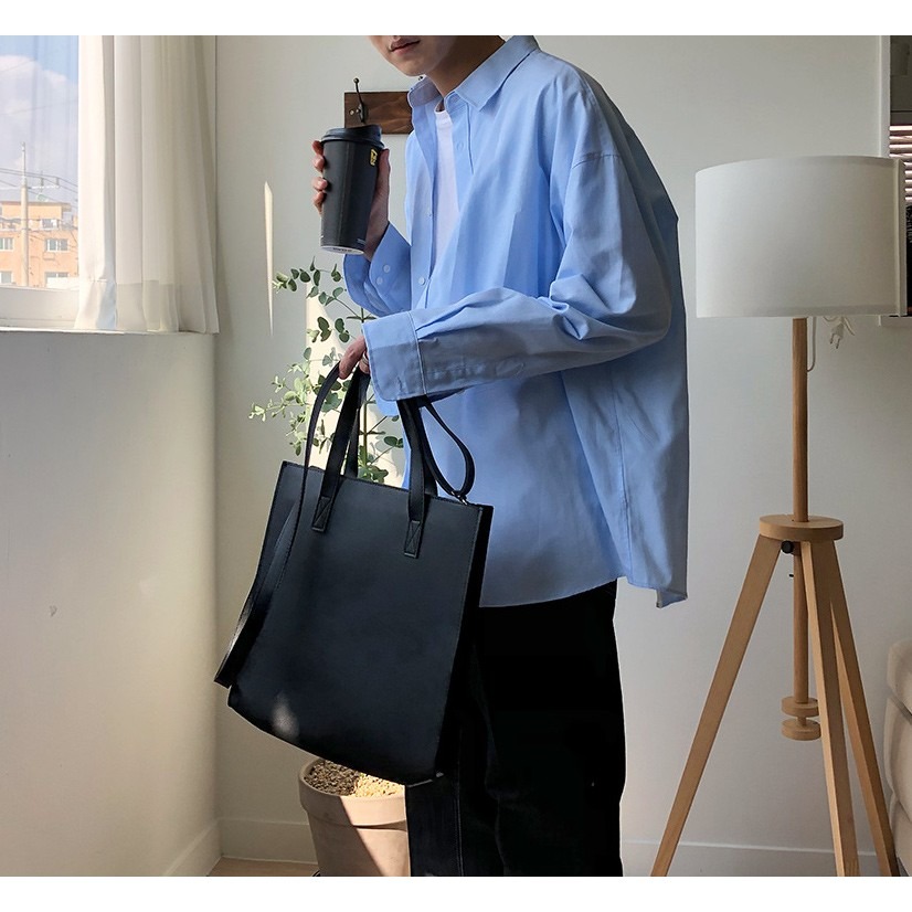 VOS AMO韓國嚴選單品-韓國製熱銷款全黑經典皮革方形手提/斜背包-細節圖3