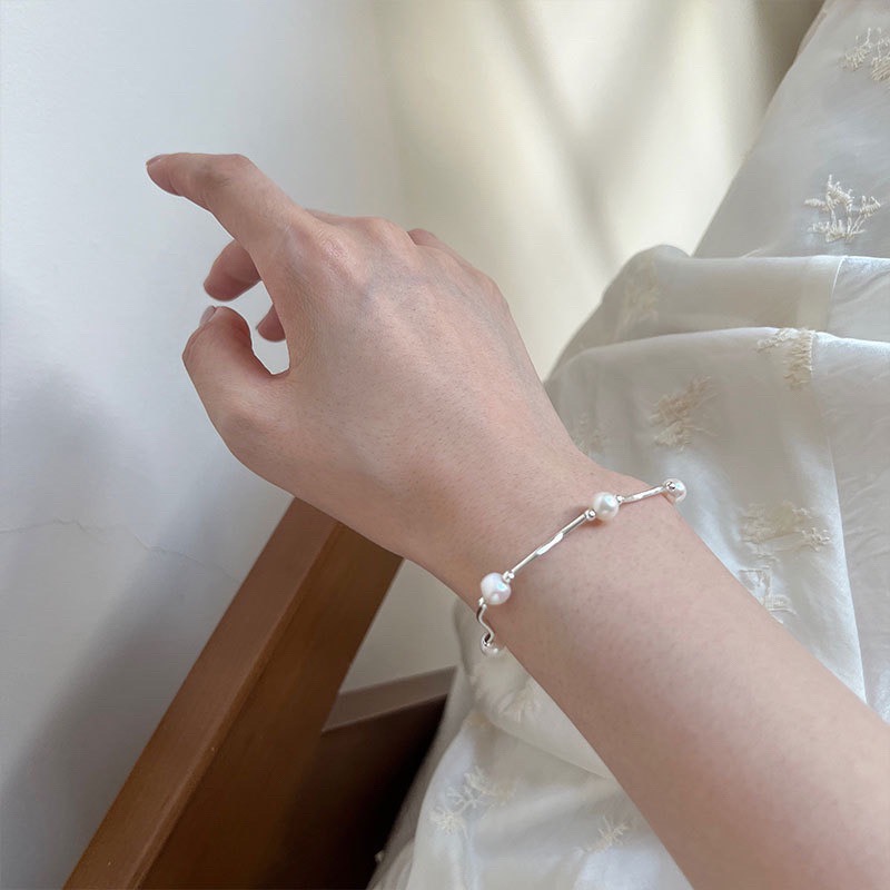 現貨 【23.𝙨𝙩𝙪𝙙𝙞𝙤】珍珠彎管手鍊925純銀簡約手工波浪珍珠手練BB02-細節圖2