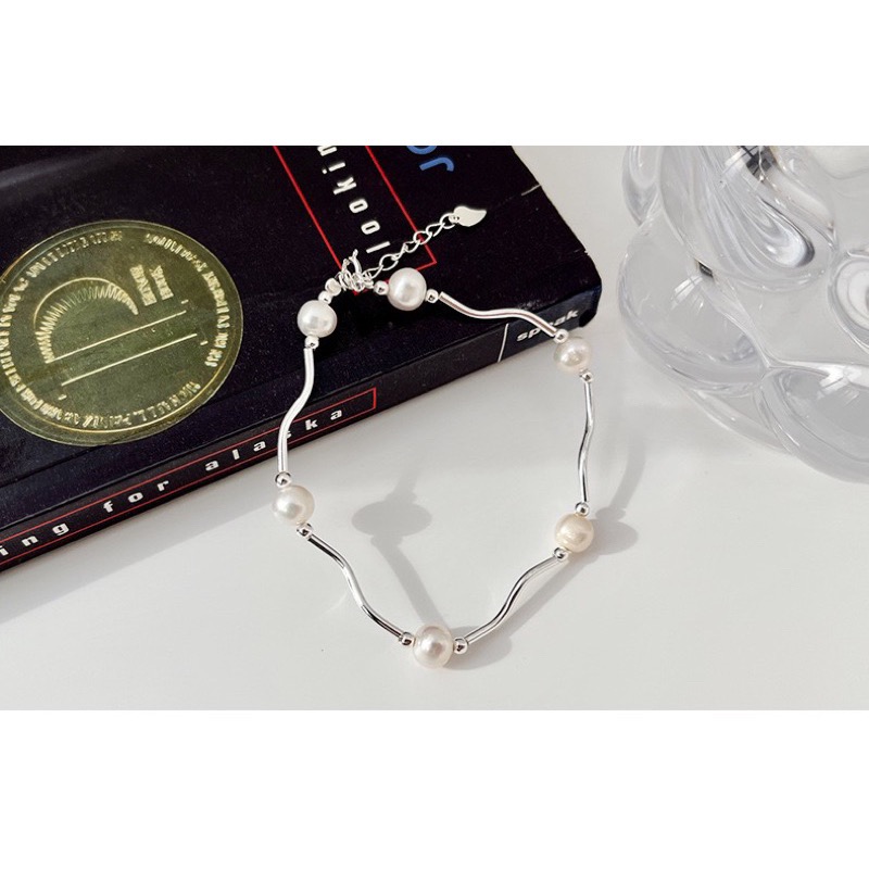 現貨 【23.𝙨𝙩𝙪𝙙𝙞𝙤】珍珠彎管手鍊925純銀簡約手工波浪珍珠手練BB02-細節圖3