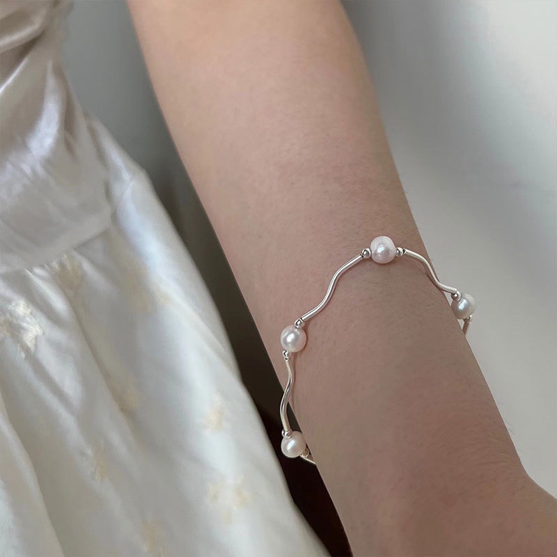 現貨 【23.𝙨𝙩𝙪𝙙𝙞𝙤】珍珠彎管手鍊925純銀簡約手工波浪珍珠手練BB02-細節圖4