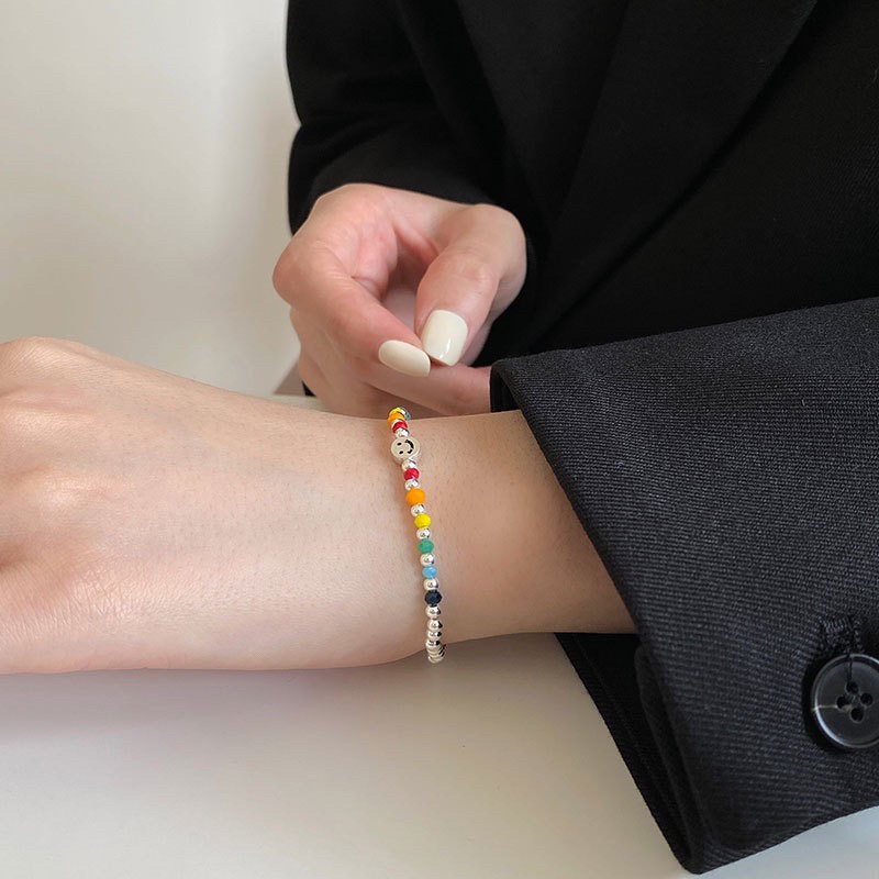 現貨 【23.𝙨𝙩𝙪𝙙𝙞𝙤】韓國🇰🇷訂製款彩虹笑臉手鍊 s925純銀彈力繩設計甜美彩色手鍊  BB04-細節圖2