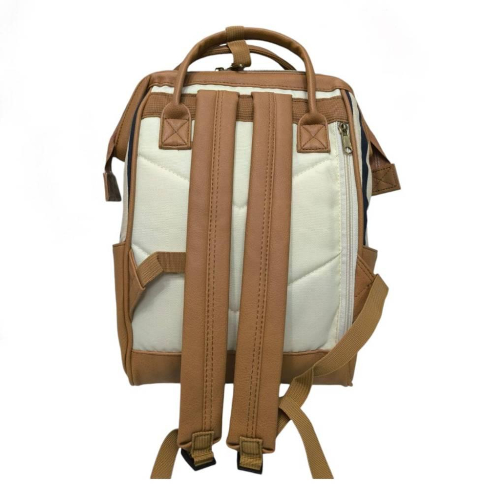 日貨特價-日本樂天大開口皮革上班上學日用包後背包 小尺寸A4可 藍條紋加駝色-細節圖3