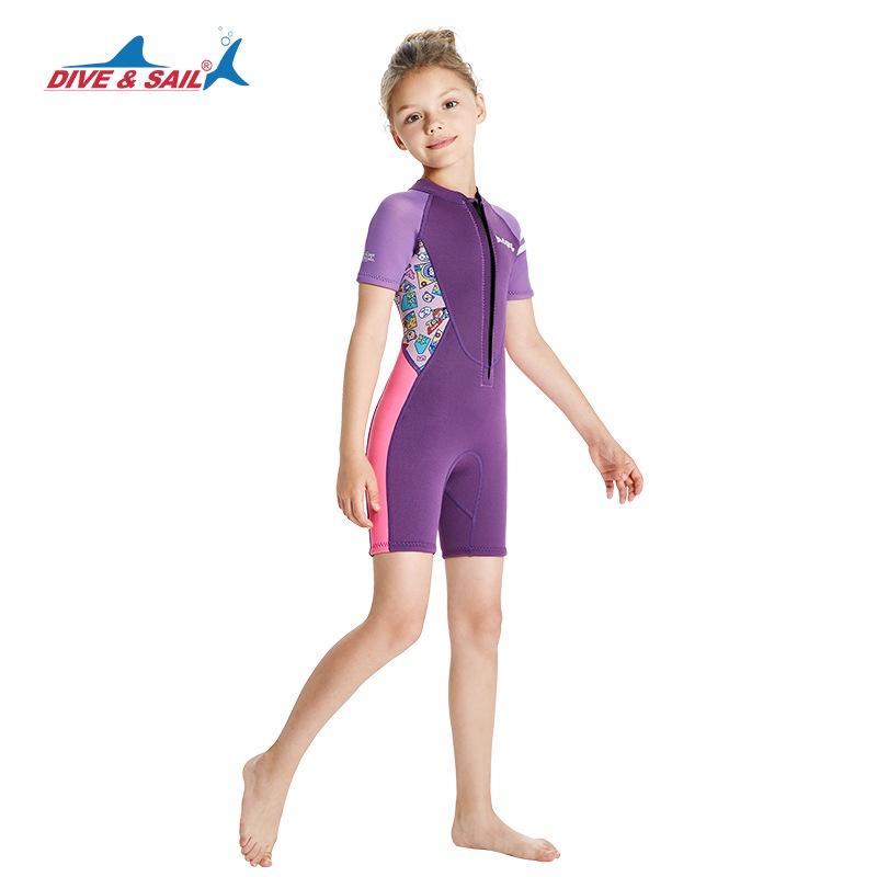 【新品熱賣】北極熊戶外用品 新款兒童防寒服 保暖泳衣 女2.5MM短袖連體潛水服 加厚遊泳服 衝浪服 防寒潛水衣-細節圖6