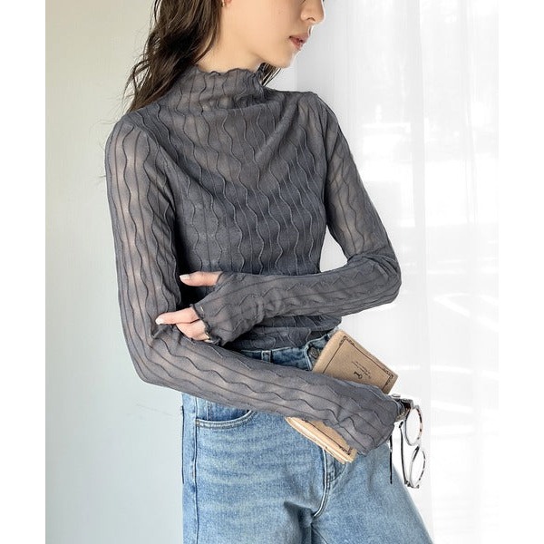 Classical Elf. 甜美袖口開洞波浪紋透膚上衣 - 炭灰M-細節圖2