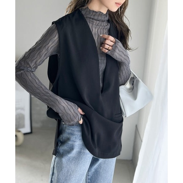 Classical Elf. 甜美袖口開洞波浪紋透膚上衣 - 炭灰M-細節圖4