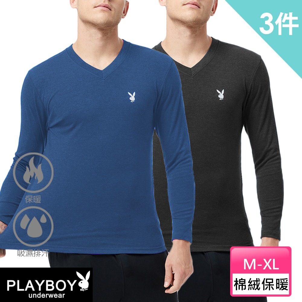 【PLAYBOY】舒適棉絨蓄熱保暖圓領/V領長袖組-3件組-細節圖2