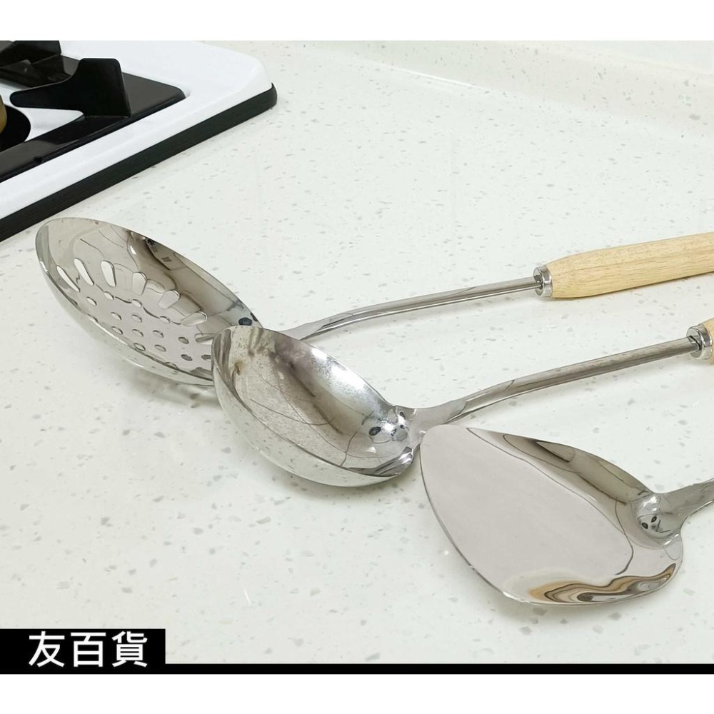 《友百貨》木柄不鏽鋼廚具 (鍋鏟/湯勺/漏勺) 勺子 湯匙 鏟子 漏網 木柄廚具 廚房用品 料理用具 不鏽鋼炊具-細節圖6
