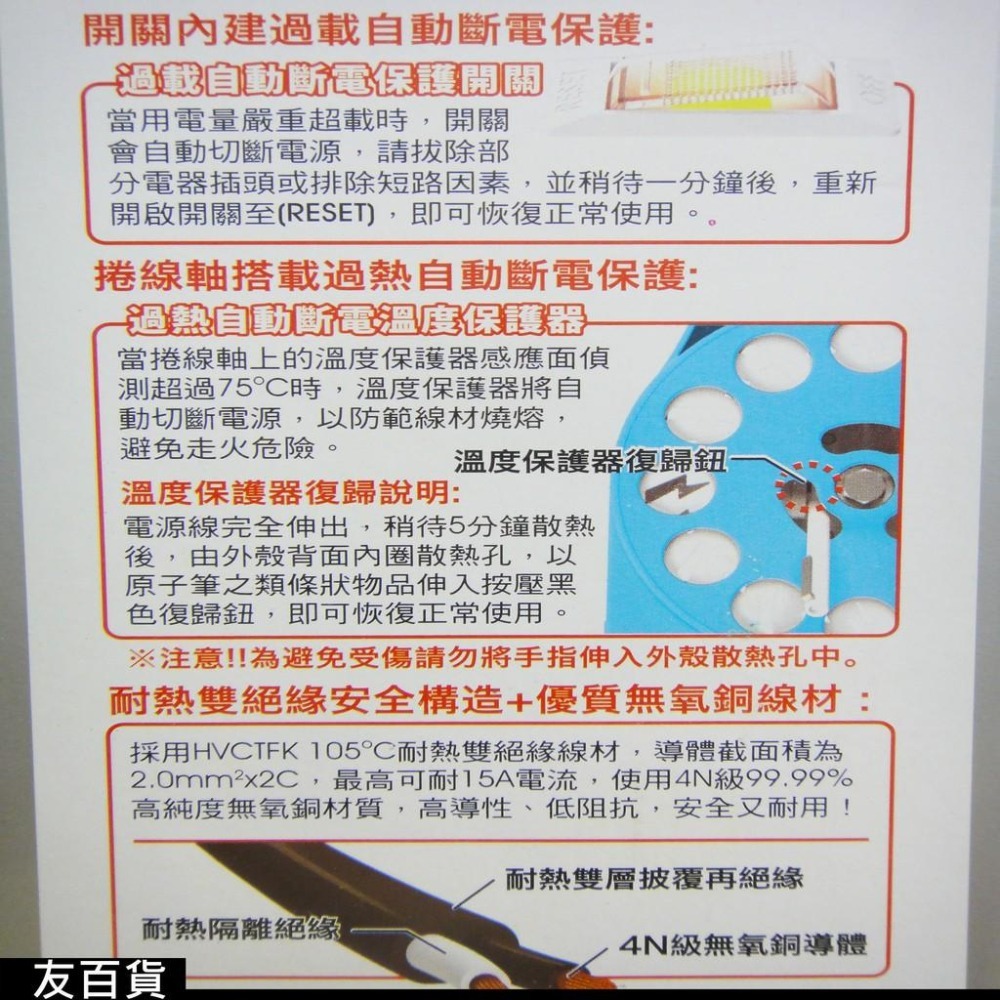 台灣製 成電牌多用途輪座式延長線 50尺 新安規 過載保護 3孔延長線 延長線插座 家用延長線 CT-6132《友百貨》-細節圖6