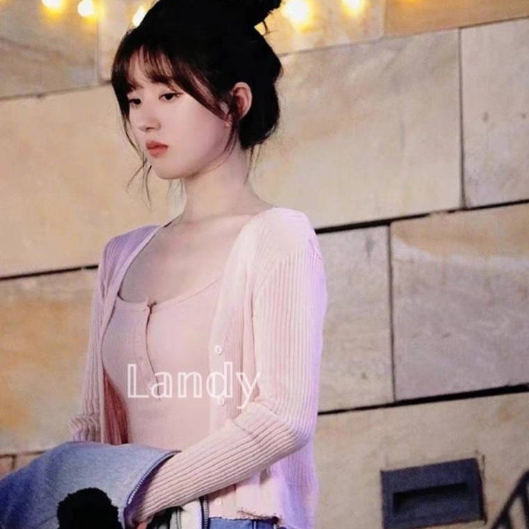 ღ 𝕃𝕒𝕟𝕕𝕪 ღ ｛預購｝偷偷藏不住趙露思桑稚同款 粉色針織外套背心小吊帶早秋套裝 約會必備-細節圖2