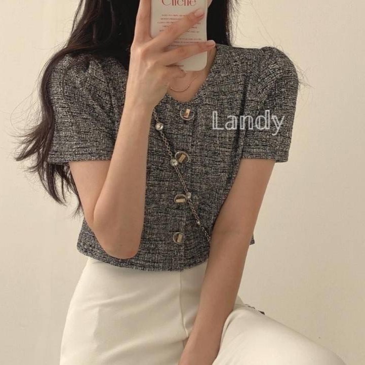 ღ 𝕃𝕒𝕟𝕕𝕪 ღ ｛預購｝韓系超火小香風 短款上衣女装 夏季新款衣服 復古風小香風-細節圖9