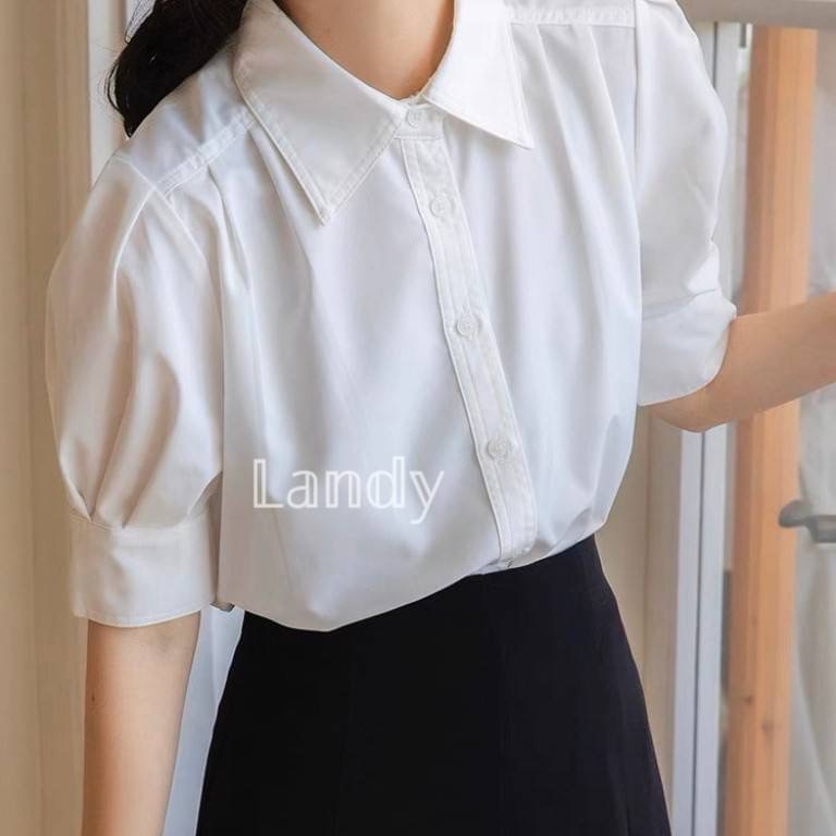 ღ 𝕃𝕒𝕟𝕕𝕪 ღ ｛預購｝法式氣質短袖挺版白襯衫女夏設計感小眾通勤面試襯衣小個子泡泡袖上衣-細節圖2