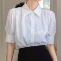 ღ 𝕃𝕒𝕟𝕕𝕪 ღ ｛預購｝法式氣質短袖挺版白襯衫女夏設計感小眾通勤面試襯衣小個子泡泡袖上衣-規格圖5