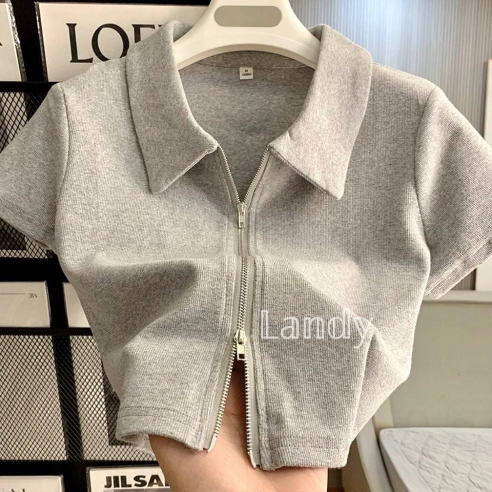 ღ 𝕃𝕒𝕟𝕕𝕪 ღ ｛預購｝純欲辣妹短袖正肩t恤女夏季修身雙拉鍊設計polo衫顯瘦短款上衣潮-細節圖3