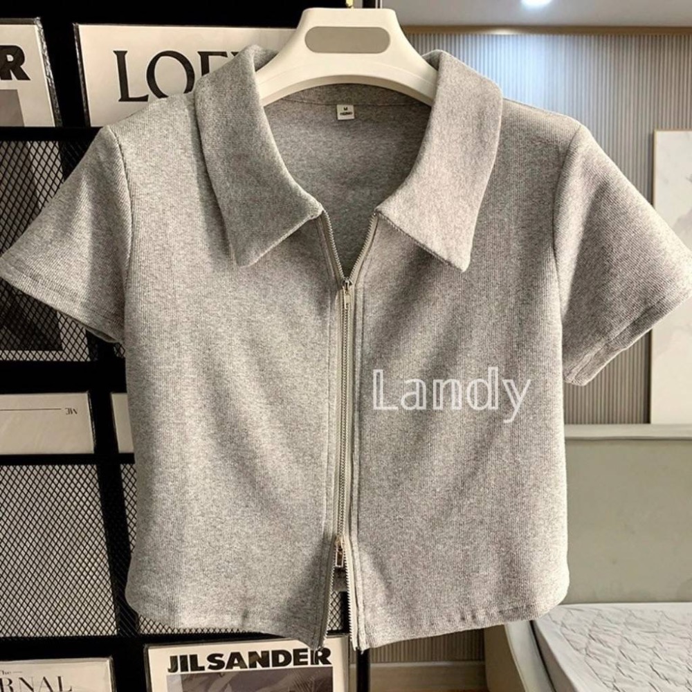 ღ 𝕃𝕒𝕟𝕕𝕪 ღ ｛預購｝純欲辣妹短袖正肩t恤女夏季修身雙拉鍊設計polo衫顯瘦短款上衣潮-細節圖4