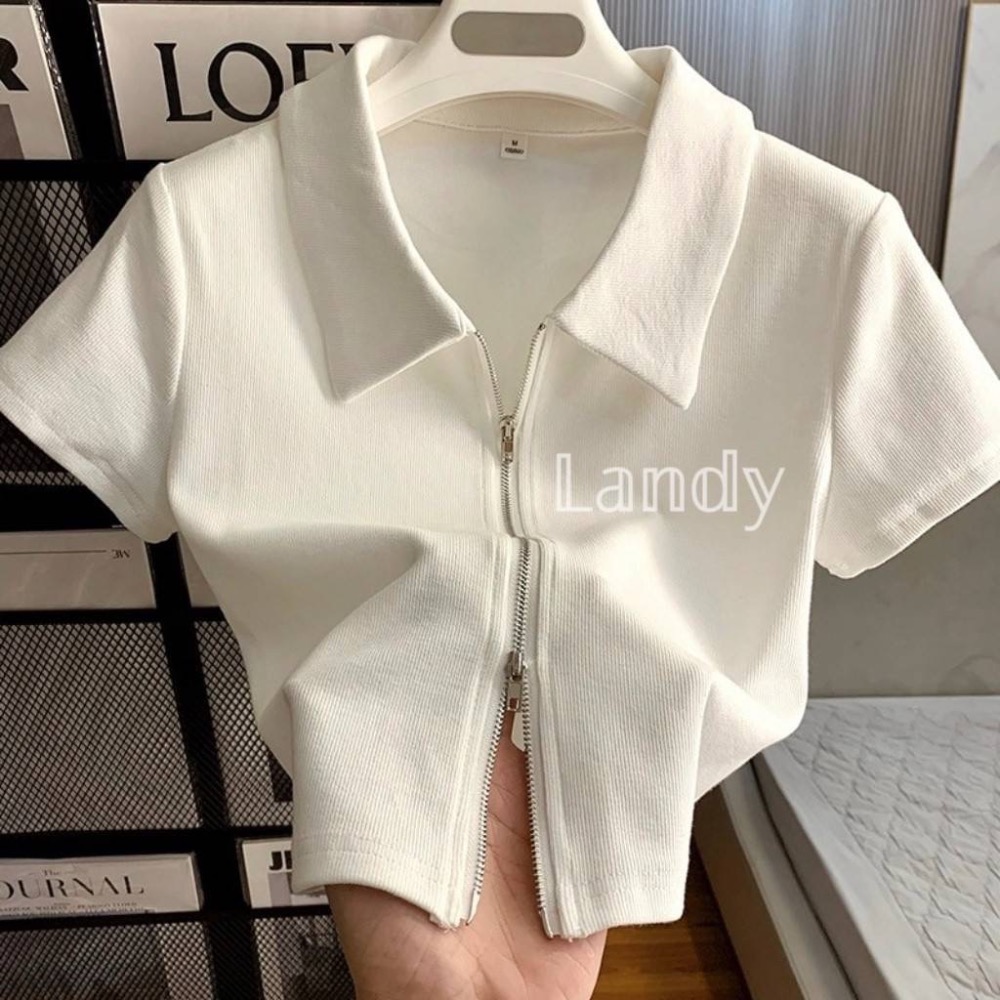 ღ 𝕃𝕒𝕟𝕕𝕪 ღ ｛預購｝純欲辣妹短袖正肩t恤女夏季修身雙拉鍊設計polo衫顯瘦短款上衣潮-細節圖7