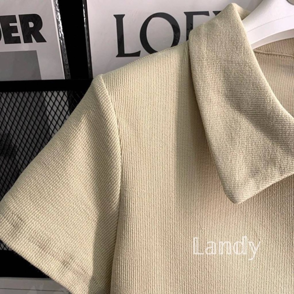 ღ 𝕃𝕒𝕟𝕕𝕪 ღ ｛預購｝純欲辣妹短袖正肩t恤女夏季修身雙拉鍊設計polo衫顯瘦短款上衣潮-細節圖9