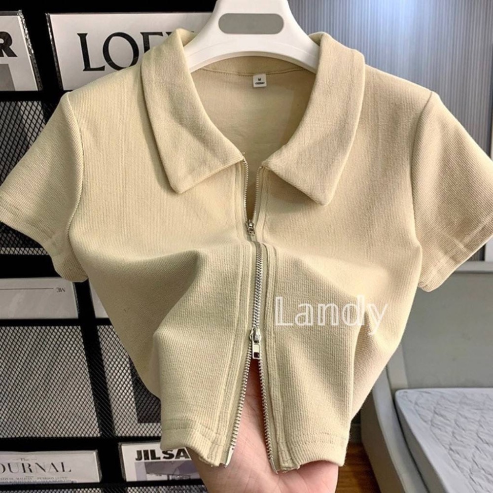 ღ 𝕃𝕒𝕟𝕕𝕪 ღ ｛預購｝純欲辣妹短袖正肩t恤女夏季修身雙拉鍊設計polo衫顯瘦短款上衣潮-細節圖10