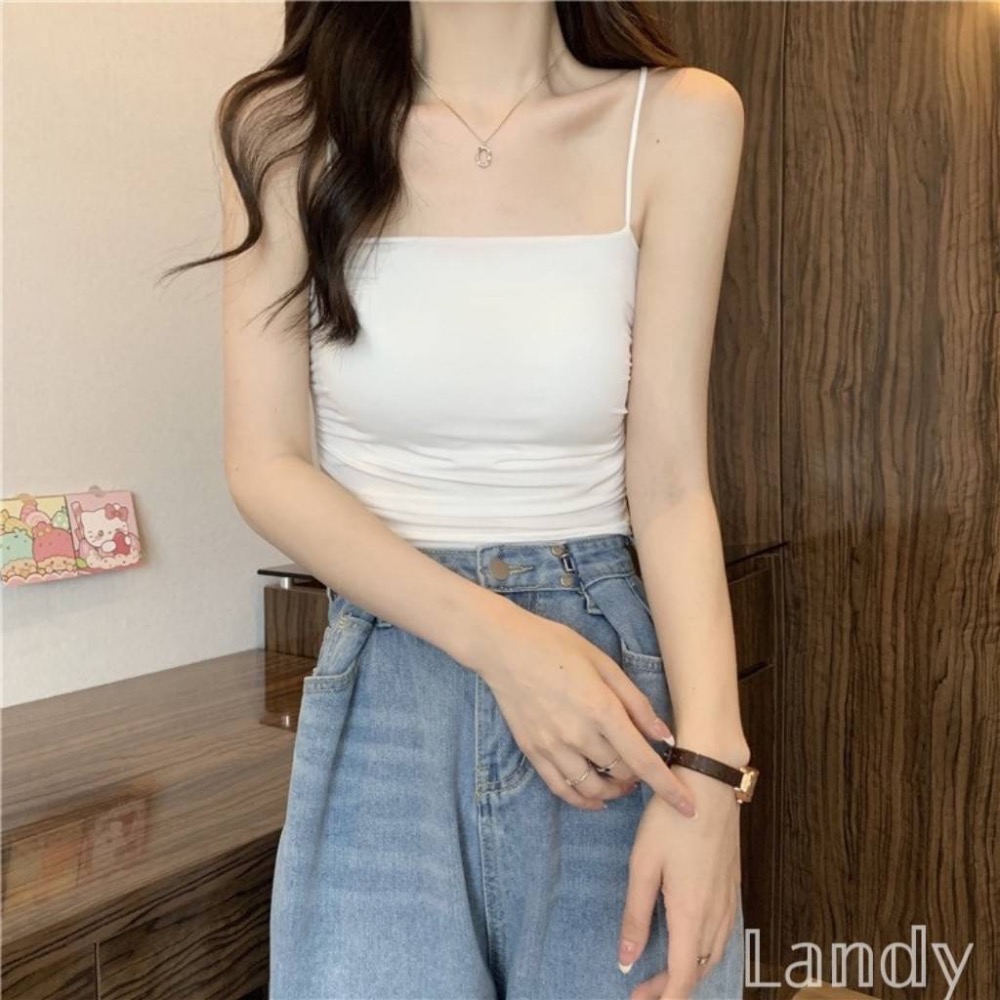 ღ 𝕃𝕒𝕟𝕕𝕪 ღ ｛現+預購｝冰絲抹胸小吊帶背心女夏季內搭美背帶胸墊外穿防走光修身短款上衣-細節圖2