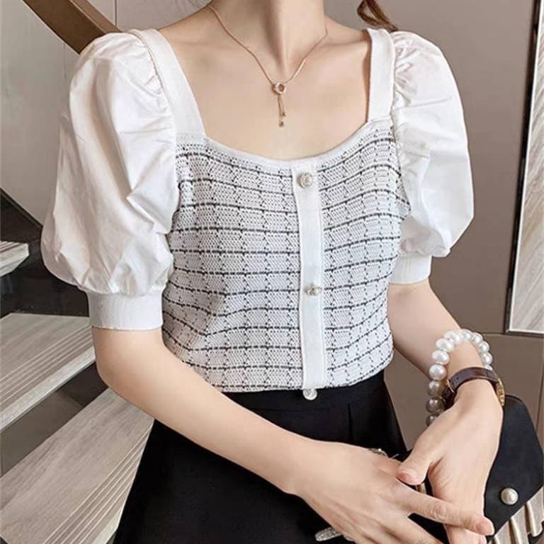 ღ 𝕃𝕒𝕟𝕕𝕪 ღ ｛現+預購｝法式針織衫小香風女短袖夏季2023新款泡泡袖設計感方領上衣修身打底衣女-細節圖2