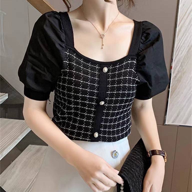 ღ 𝕃𝕒𝕟𝕕𝕪 ღ ｛現+預購｝法式針織衫小香風女短袖夏季2023新款泡泡袖設計感方領上衣修身打底衣女-細節圖3