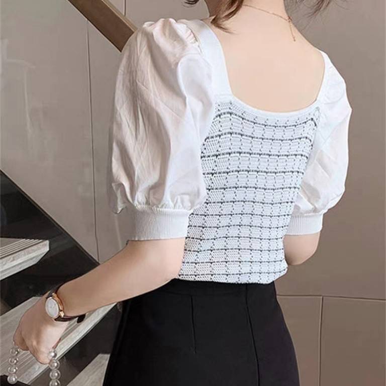 ღ 𝕃𝕒𝕟𝕕𝕪 ღ ｛現+預購｝法式針織衫小香風女短袖夏季2023新款泡泡袖設計感方領上衣修身打底衣女-細節圖4