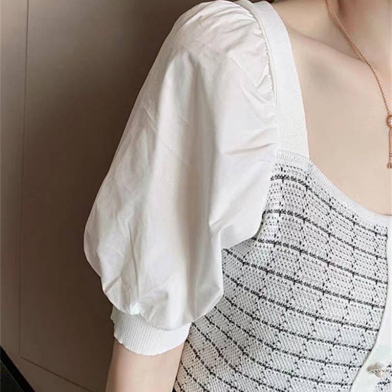 ღ 𝕃𝕒𝕟𝕕𝕪 ღ ｛現+預購｝法式針織衫小香風女短袖夏季2023新款泡泡袖設計感方領上衣修身打底衣女-細節圖5