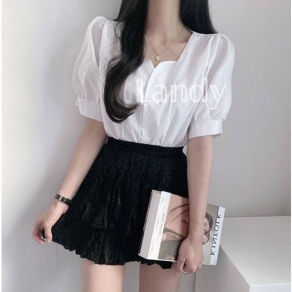 ღ 𝕃𝕒𝕟𝕕𝕪 ღ ｛現貨｝#061 設計感泡泡袖氣質上衣 韓系時尚百搭上衣-細節圖3