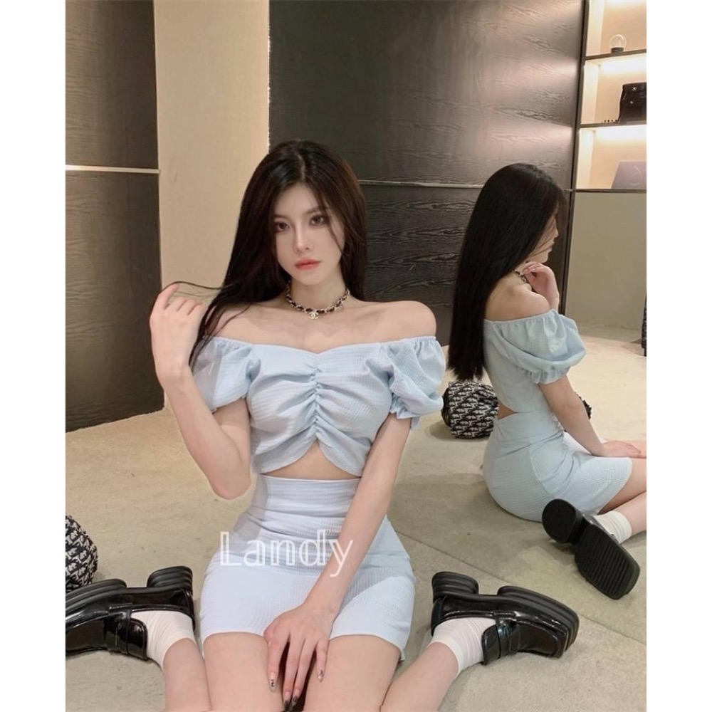 ღ 𝕃𝕒𝕟𝕕𝕪 ღ ｛現貨｝#067 法式復古方領泡泡袖套裝 泡泡袖短款上衣+顯瘦氣質A字裙 韓系夏季套装-細節圖3
