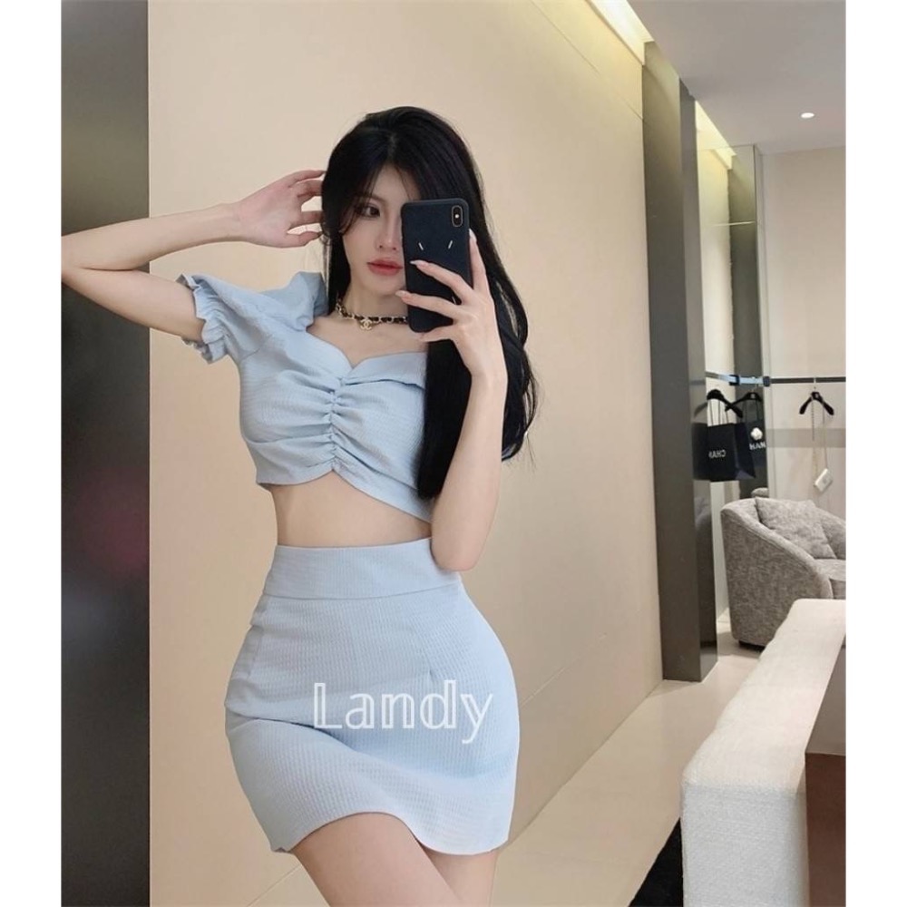 ღ 𝕃𝕒𝕟𝕕𝕪 ღ ｛現貨｝#067 法式復古方領泡泡袖套裝 泡泡袖短款上衣+顯瘦氣質A字裙 韓系夏季套装-細節圖5